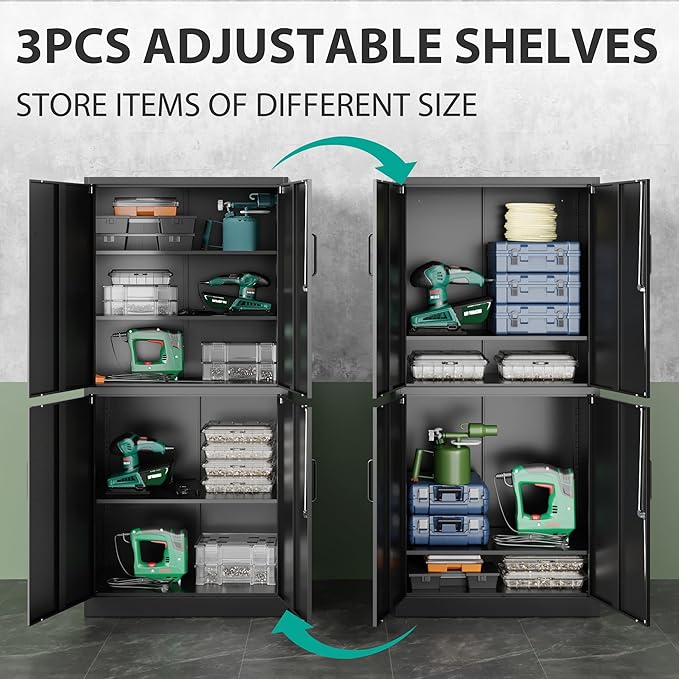 Metal Storage Cabinet with 3 Adjustable Shelves and 4 Doors, Steel Tool Cabinets - Image 4