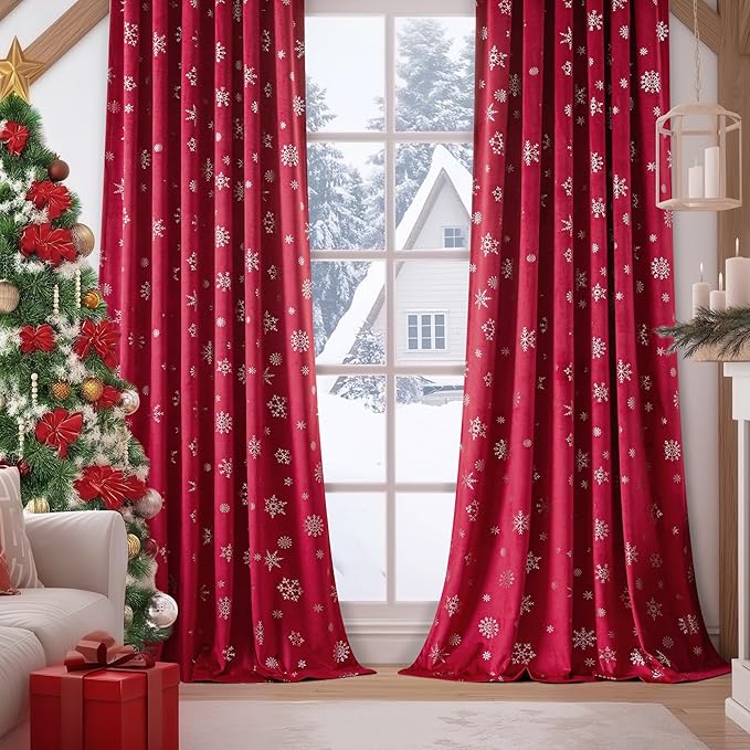 FMFUNCTEX Snowflake Red Christmas Velvet Blackout Curtains - Image 8
