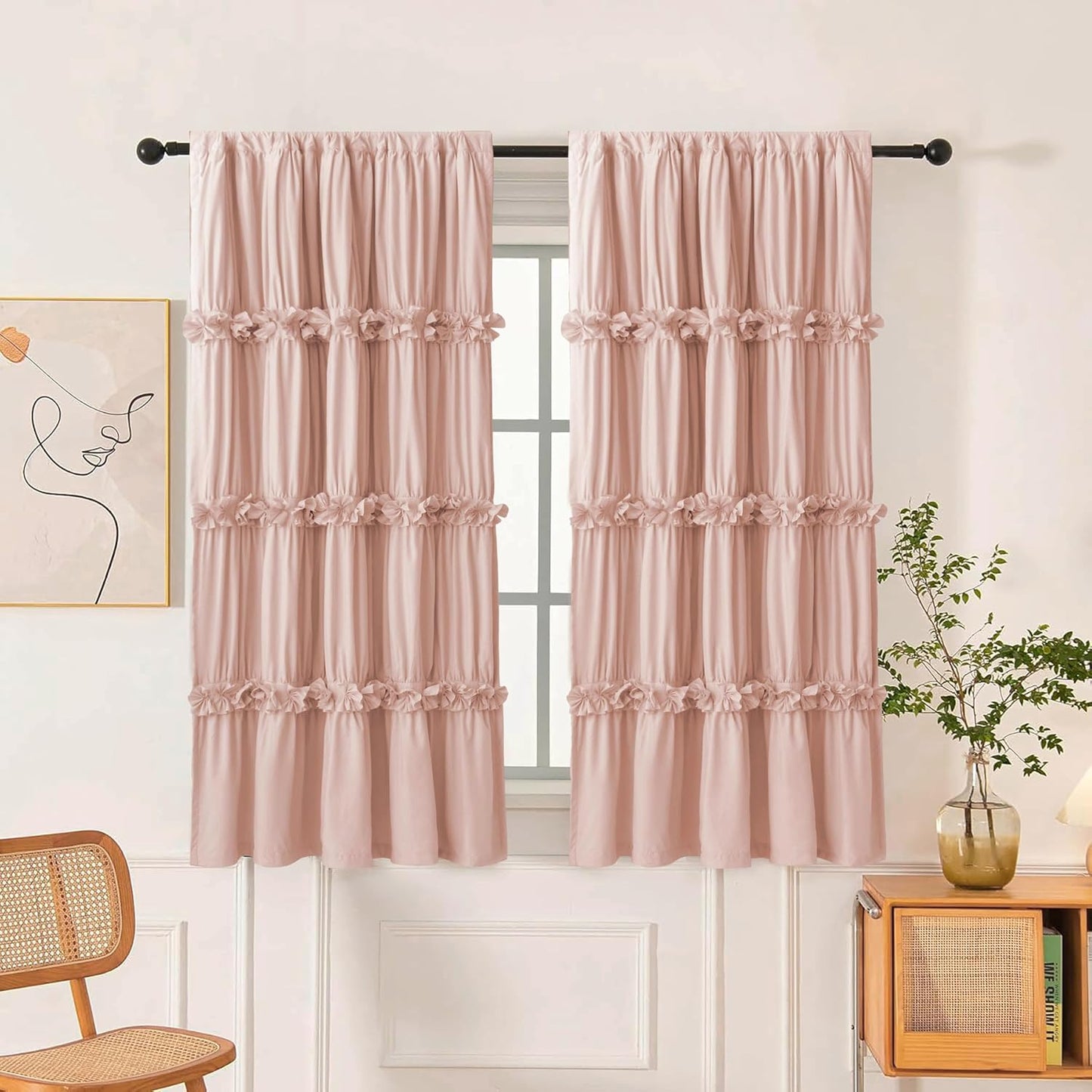 Thermal Insulated Window Curtains, 42" W x 63" L (Pair) | Ruched Blackout Window Treatments with 3 Rows of Butterfly Flowers, Rustic Rod Pocket Drapes for Room, Peach Pink (LQ-30)
