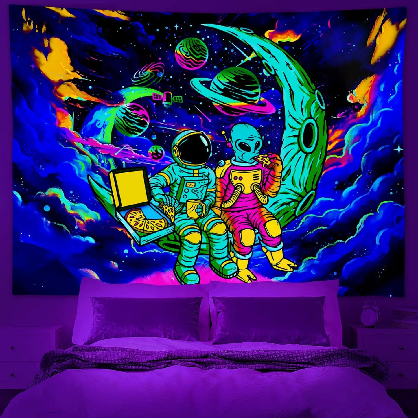 Sanzugh Funny Space Astronaut Alien Blacklight Tapestry UV Reactive Poster, Trippy Universe Black Light Art for Men Guys Room Bedroom Decor Cool Psychedelic Glow in the Dark Tapestries Wall Hanging