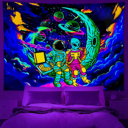 Sanzugh Funny Space Astronaut Alien Blacklight Tapestry UV Reactive Poster, Trippy Universe Black Light Art for Men Guys Room Bedroom Decor Cool Psychedelic Glow in the Dark Tapestries Wall Hanging