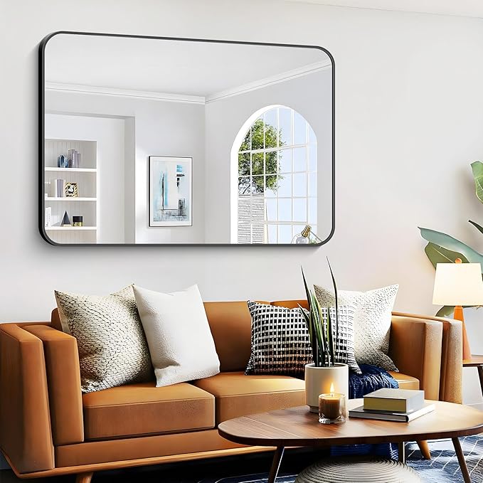 Large Bathroom Mirror, 60 x 40 inch Black Rectangle Mirror, Metal Framed - Image 3