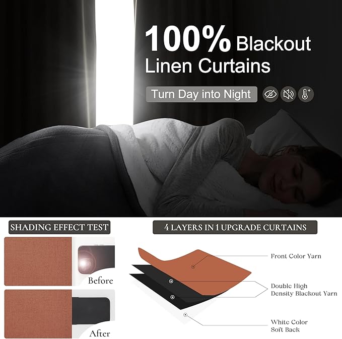 Fall Burnt Orange Kitchen Curtains 54 Inch Length 2 Panels Set, Pleated Linen - Image 2