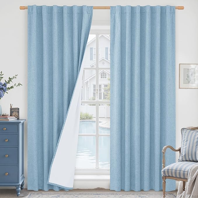 LAMIT Stone Blue 100% Blackout Linen Curtains, 84 Inch Linen Textured Living by LAMIT