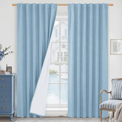 LAMIT Stone Blue 100% Blackout Linen Curtains, 84 Inch Linen Textured Living by LAMIT
