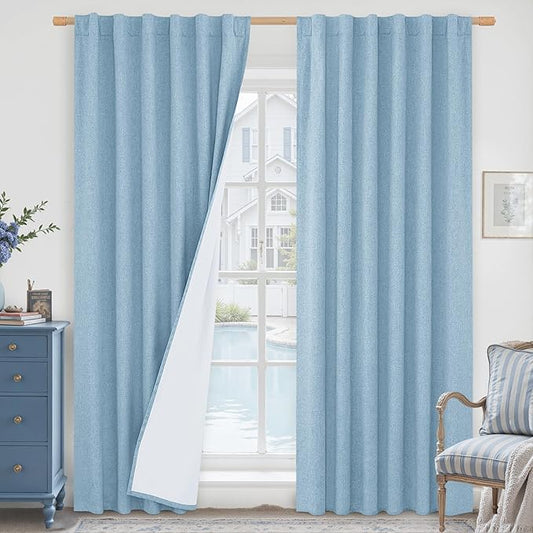 LAMIT Stone Blue 100% Blackout Linen Curtains, 84 Inch Linen Textured Living by LAMIT