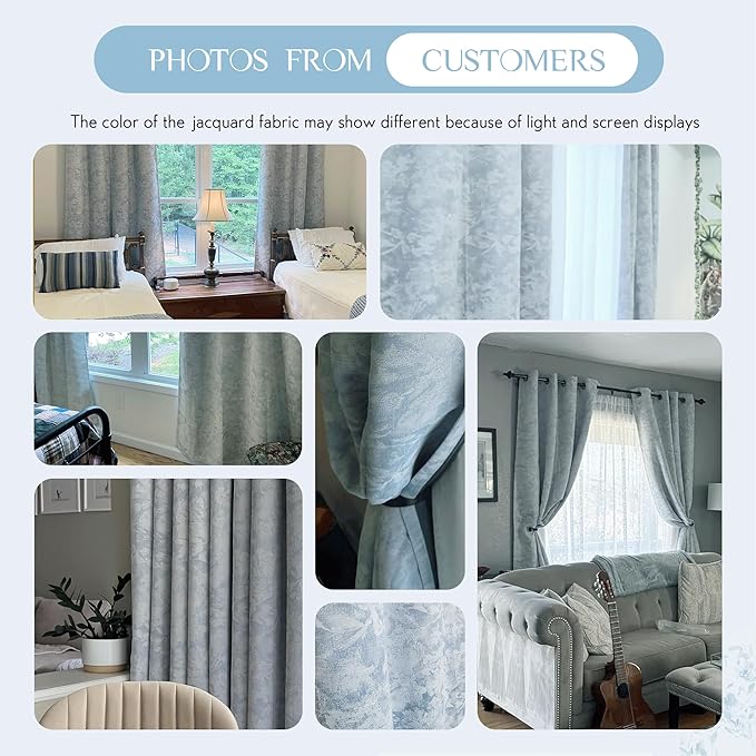 Beauoop Blue Floral Jacquard Blackout Curtains 63 Inches Long 2 Panels - Image 8