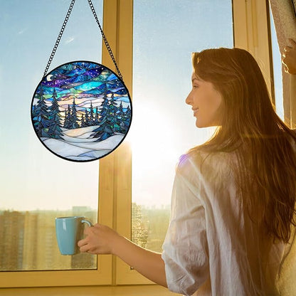 DASTOLL Stained Glass Window Hanging, Starry Sky Trees and Snow Sun Catchers - Image 2