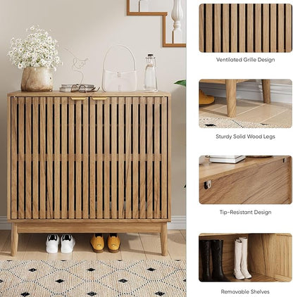 Shoe Storage Cabinet with Ventilated Slatted Doors, Wooden Shoe Organizer - Image 6