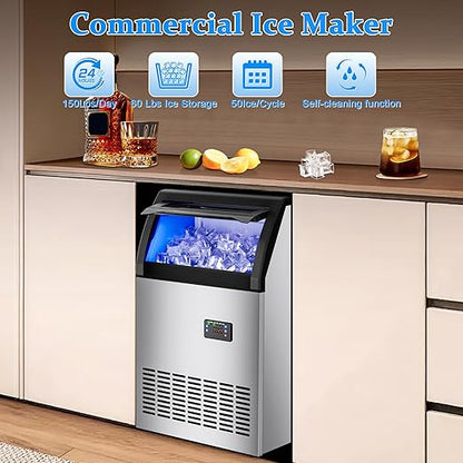 Commercial Gourmet Ice Maker Machine 150Lbs/24H, Stainless Steel Spray Drench - Image 4