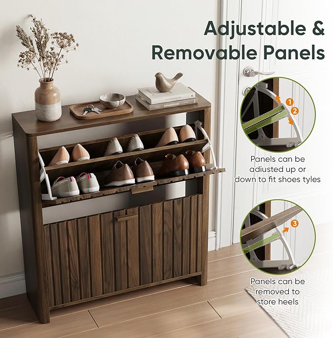 Shoe Cabinet with 2 Flip Drawers, 31.5 Inch Narrow Fluted Shoe Organizer with - Image 5