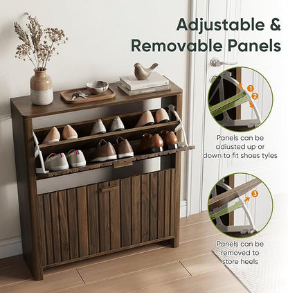 Shoe Cabinet with 2 Flip Drawers, 31.5 Inch Narrow Fluted Shoe Organizer with - Image 5