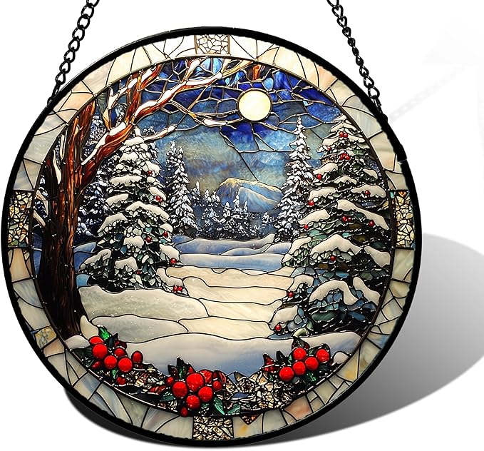 DASTOLL Stained Glass Window Hanging Christmas Tree Winter Snow Night Scenery by DASTOLL