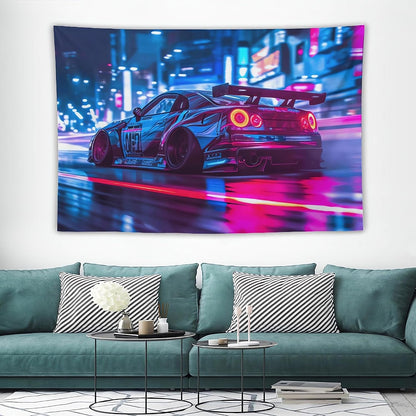 ANMOGID R35 Car Tapestry for Men Teen Boys, Neon Sports Car Tapestries City Night Wall Hanging Aesthetic Decoration for Bedroom Living Room Dorm Rainy Night Light Track Wall Art Decor 59"x39"