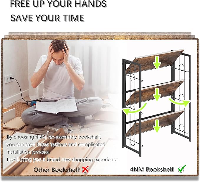 4NM No Assembly 3 Tiers Folding Bookshelf - Image 6