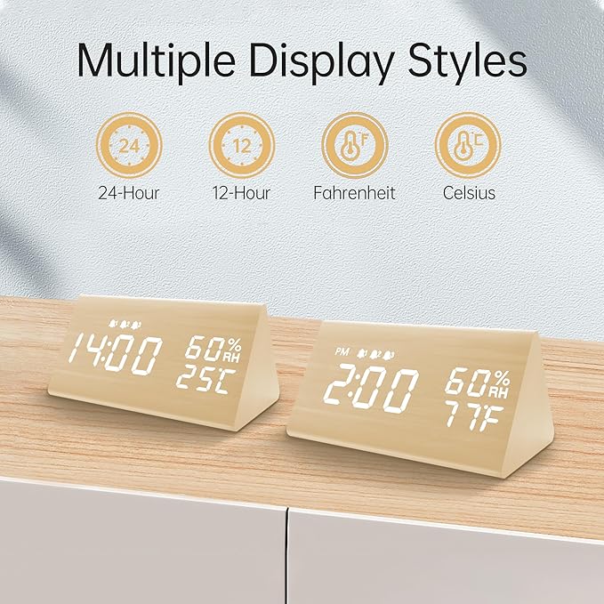 JALL Digital Alarm Clock, with Wooden Electronic LED Time Display, 3 Alarm - Image 6