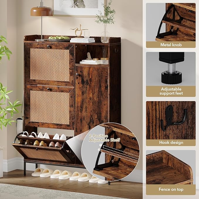 Rattan Wooden Shoe Cabinet, Freestanding 3-Flip Drawer Shoe Storage Organizer - Image 3