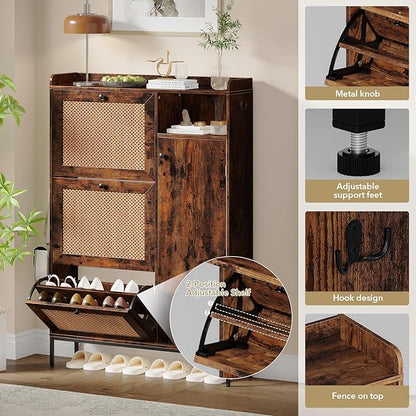 Rattan Wooden Shoe Cabinet, Freestanding 3-Flip Drawer Shoe Storage Organizer - Image 3