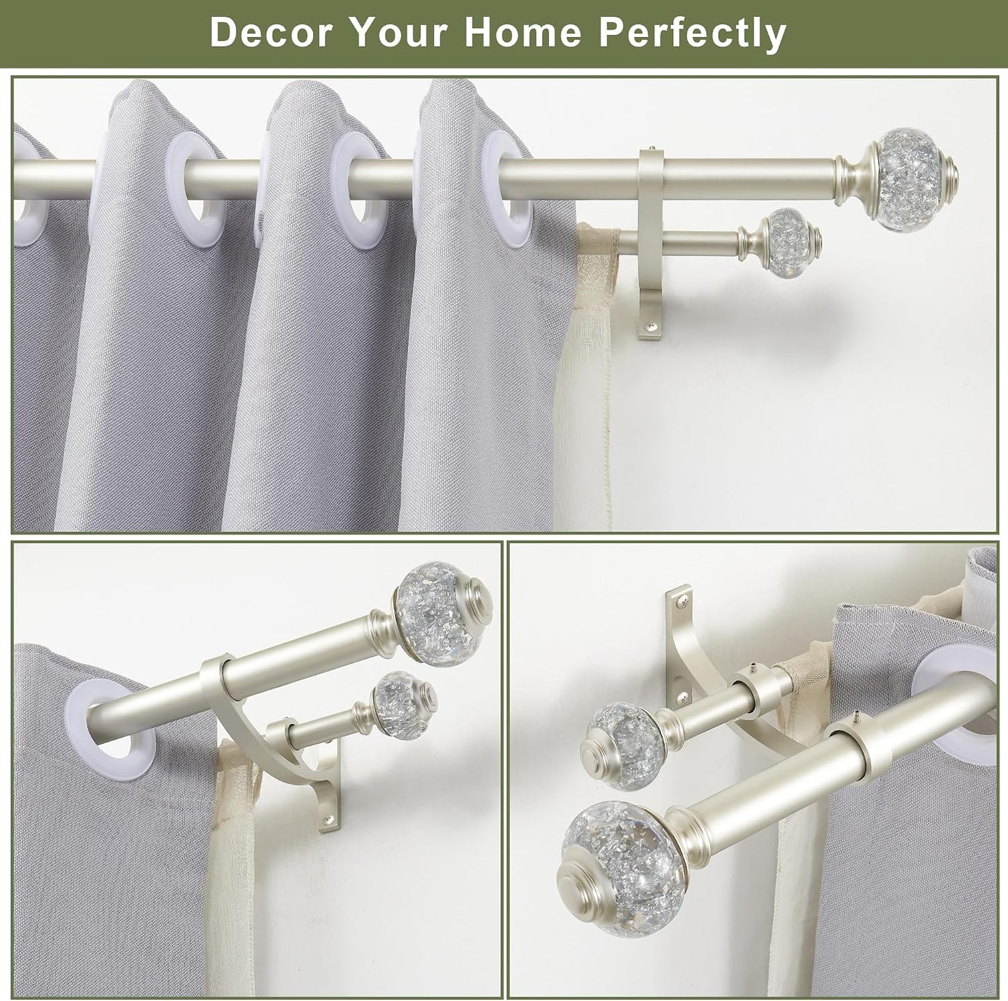 Double Curtain Rods 72 to 144 Inches(6-12 Feet) with Solid Aluminum Alloy Brackets, 1” Front and 5/8” Back Telescoping Drapery Rod for Windows, Heavy Duty Decorative Curtain Rods, Matte Silver