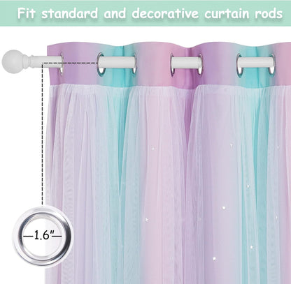 NICETOWN Baby Room Decor, White Gauze & Blackout Drapes Assembled, Star Cut Romantic and Colorful Curtains with Versatile Styling Options for Birthday Party (Blue & Purple & Pink, Each is W52 x L84)