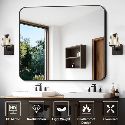 Bathroom Mirror, 48 x 40 inch Black Rectangle Wall Mirror, Metal Frame - Image 4