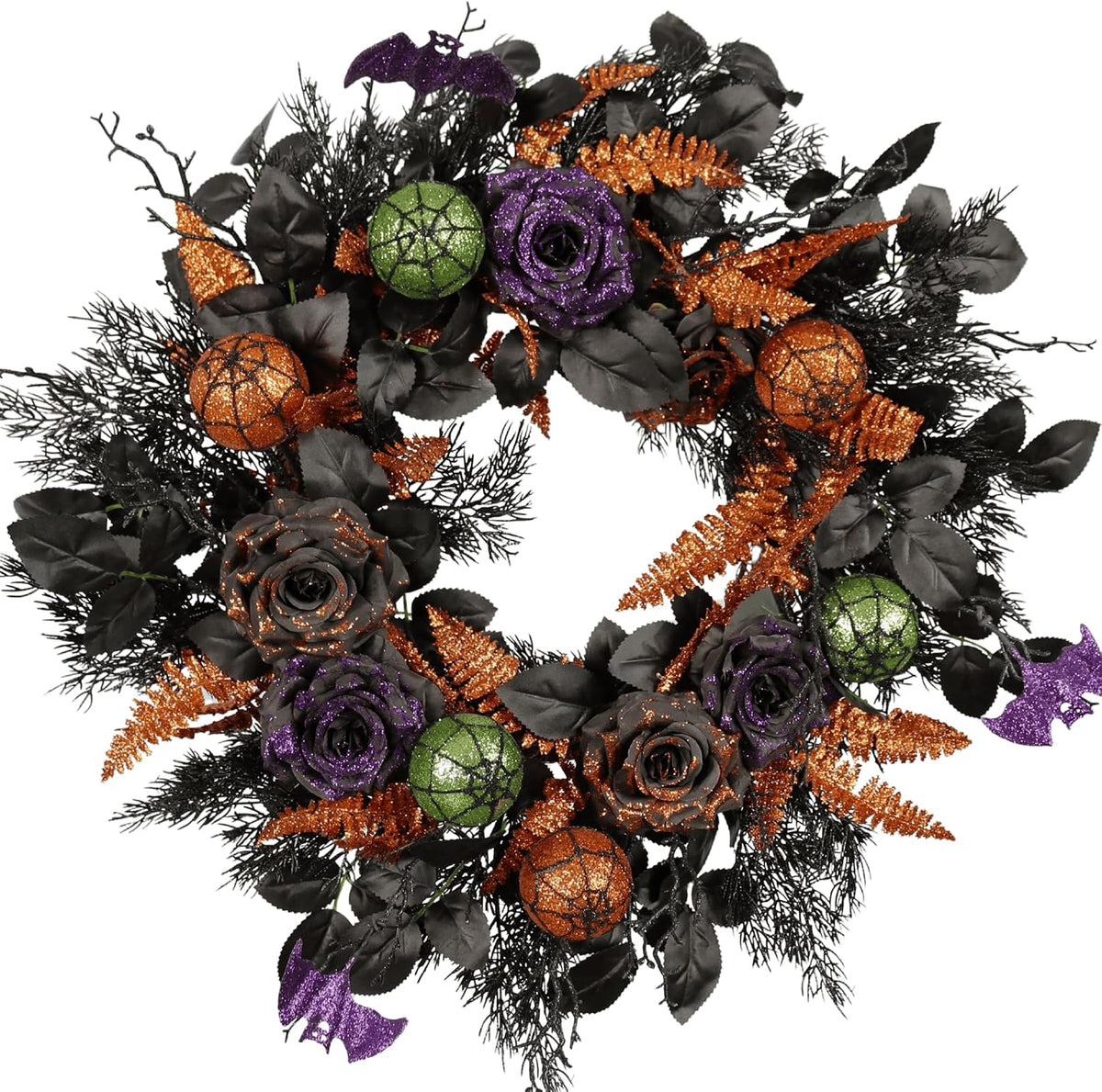 22 Inch Halloween Wreath for Front Door, Spooky Black & Purple Glitter Ro...
