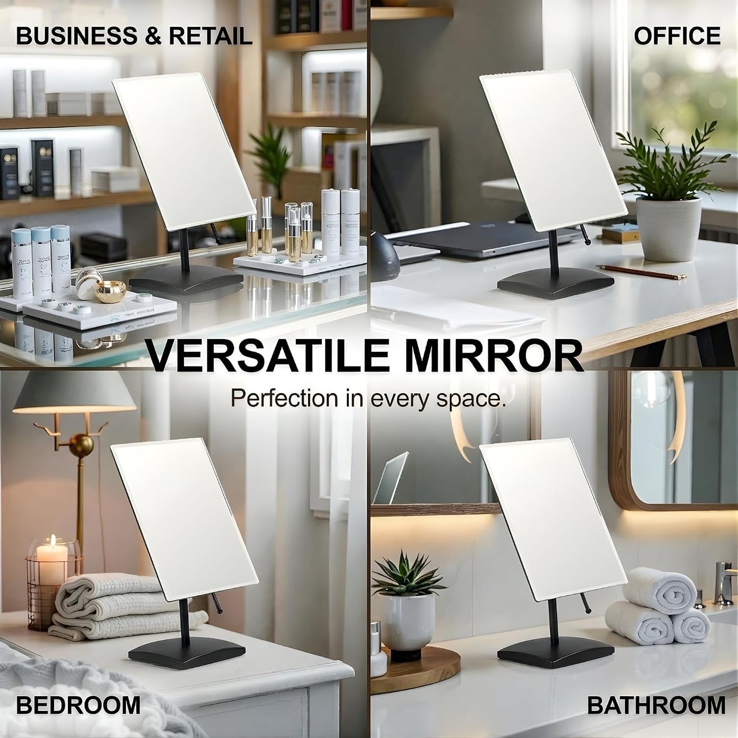 Large Adjustable Table Desk Mirror with Stand, 9.8" x 7" (Black) | Personal Face Mirror Fits Vanity, Bathroom Countertop, or Office Desktop with Stable Base for Styling, Makeup & Daily Care