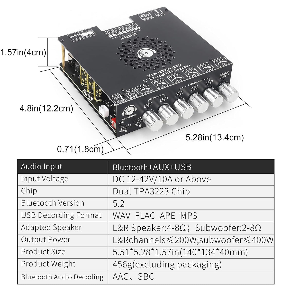 X400HS 2.1 Channel Bluetooth 5.0 Amplifier Board, TPA3223 Chip 200W+200W+400W...