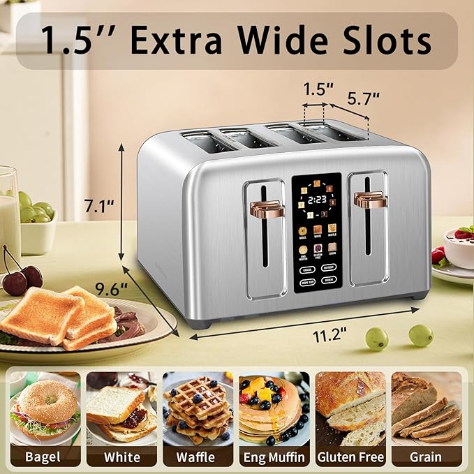 SEEDEEM Toaster 4 Slice, Stainless Toaster & Touch Control, LCD Display - Image 2