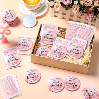 Cinnvoice 25 Sets Pink Mirror Gifts for Women Inspirational Mini Compact Mirror Bulk Small Round Pocket Makeup Gifts for Wedding Cheerleader Coworker Birthday Party Favor (Beautiful)