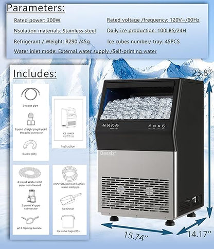Commercial Ice Maker Machine, 100lbs/24H Stainless Steel 45pcs Under Counter - Image 7
