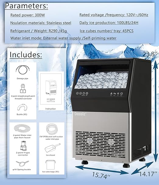 Commercial Ice Maker Machine, 100lbs/24H and 45pcs Stainless Steel Freestanding - Image 8