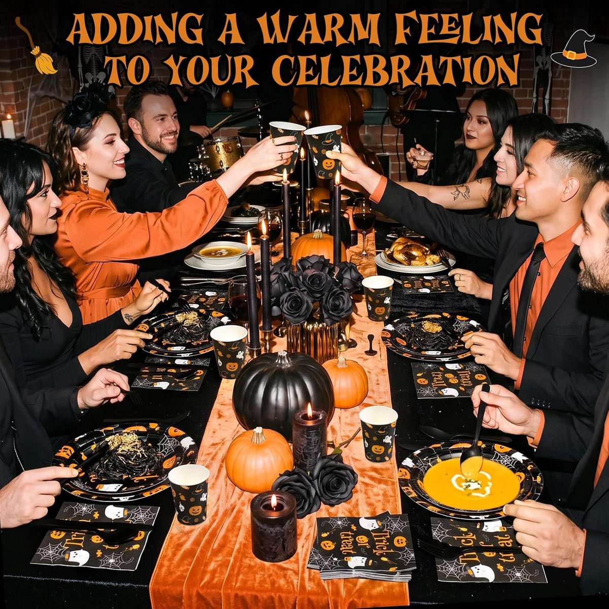 250 Pcs Halloween Party Supplies, Paper Plates Napkins and Cups, Black