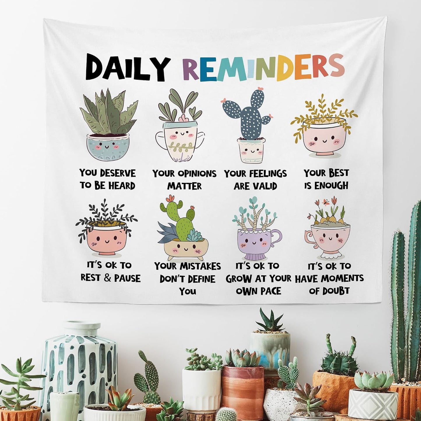 MNOSAIOO Mental Health Floral Wall Tapestry Hanging for Classroom Kids, Daily Reminders Tapestry, Inspirational Cute Cacti Tapestries Wall Decor for Bedroom Therapy Office School Counselor 60x50 inch