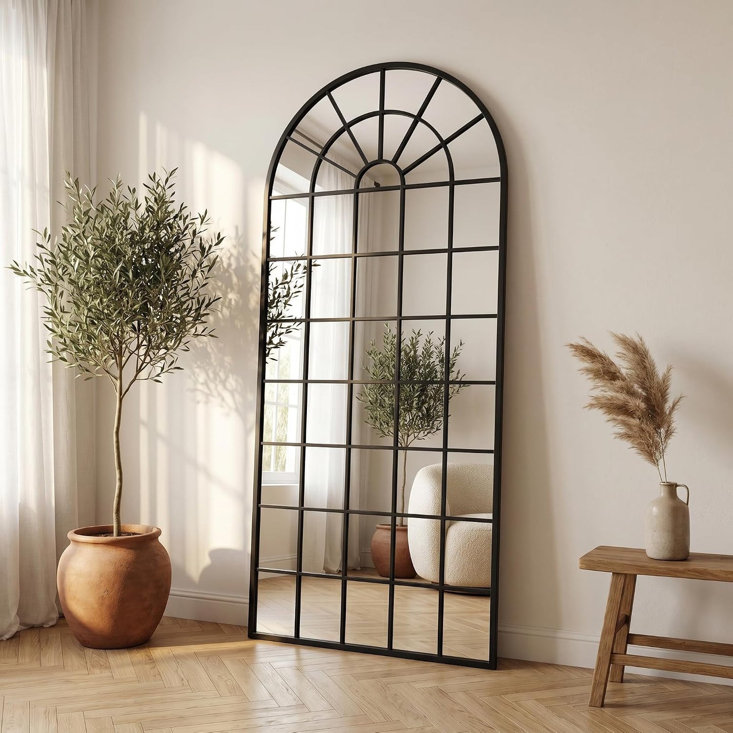 70x30Inch Large Arched Window Pane Mirror| Black Arched Mirrors for Wall & Floor | Arch Mirror Full Length for Entryway Living Room & Bedroom | Oversized Mirrors | Wall Art Decorative |Farmhouse Décor