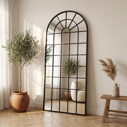 70x30Inch Large Arched Window Pane Mirror| Black Arched Mirrors for Wall & Floor | Arch Mirror Full Length for Entryway Living Room & Bedroom | Oversized Mirrors | Wall Art Decorative |Farmhouse Décor