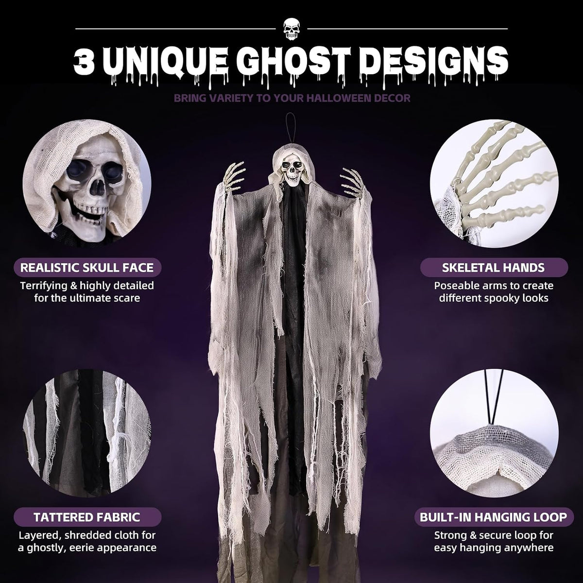 3PCS Hanging Halloween Skeleton Ghosts Decorations for Outdoor Indoor