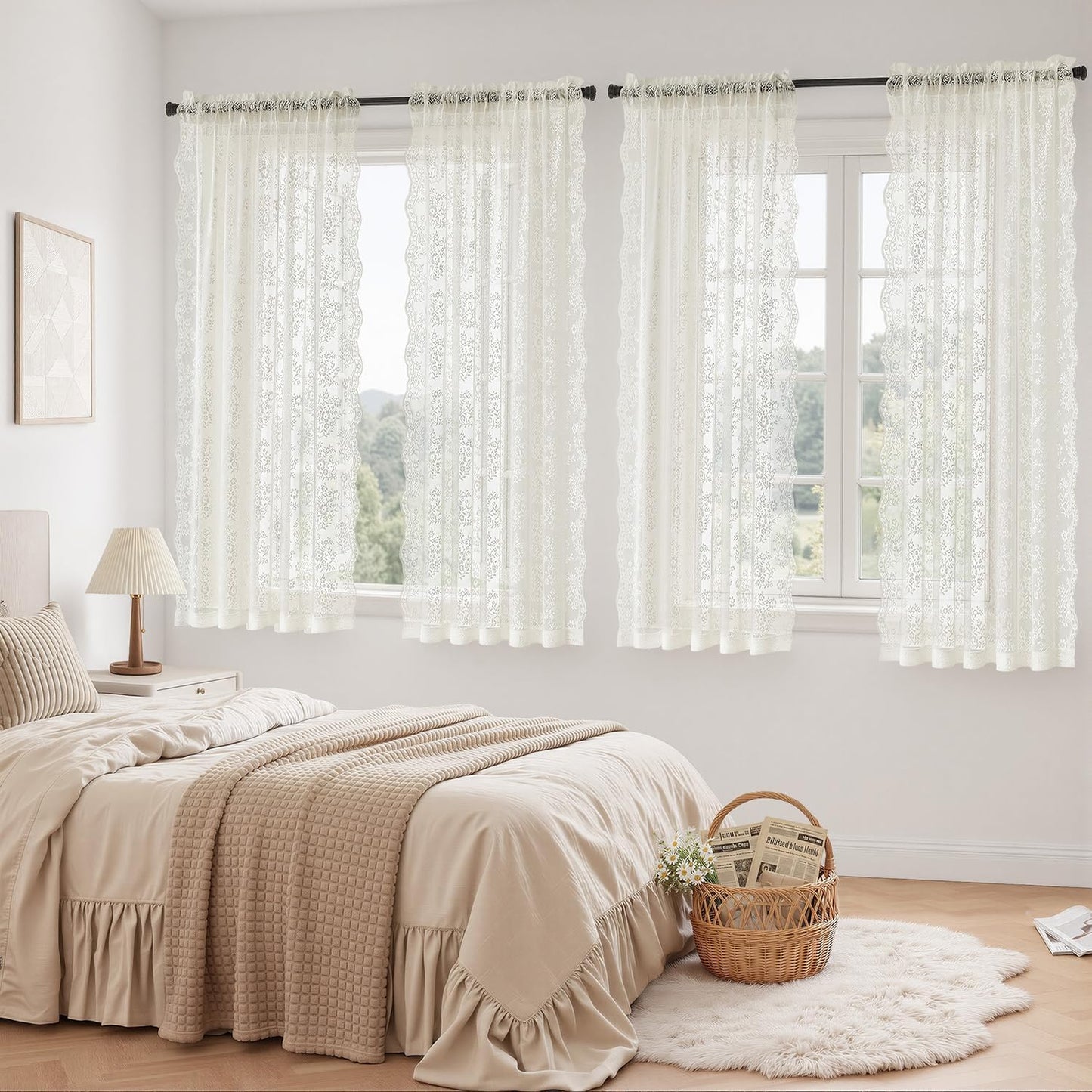 2 Panels Vintage Lace Curtains 63 Inches Length 52 x 63 Inch Ivory | Floral and Branch Pattern, Elegant, Romantic, Sheer, Light Filtering, Lacy Drapes, Living Room, Bedroom
