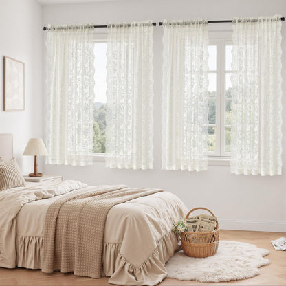 2 Panels Vintage Lace Curtains 63 Inches Length 52 x 63 Inch Ivory | Floral and Branch Pattern, Elegant, Romantic, Sheer, Light Filtering, Lacy Drapes, Living Room, Bedroom