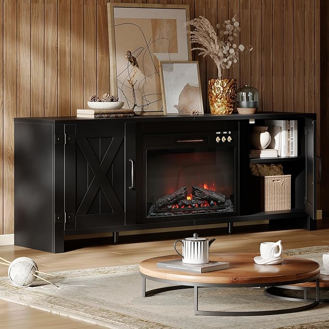 Bestier 63" Fireplace TV Stand for TVs Up to 70", Farmhouse Barn Door by Bestier