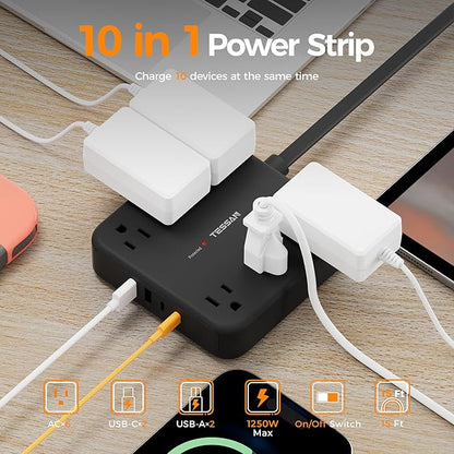 TESSAN Flat Plug Extension Cord 15 Ft, 2100J Surge Protector Power Strip - Image 2
