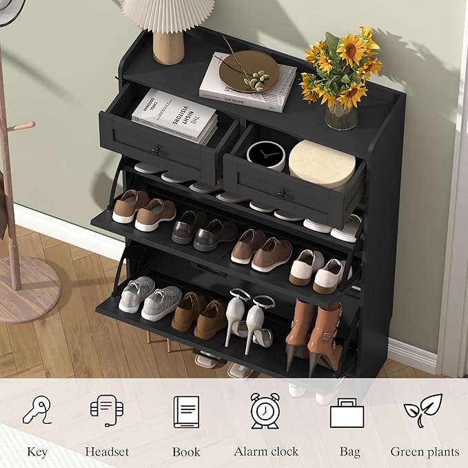 Shoe Cabinet with 2 Flip Drawers & 2 Storage Drawers, Rustic Farmhouse Narrow - Image 5
