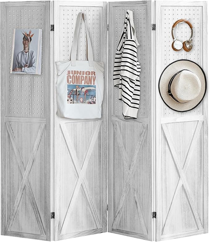 ALeesing 4 Panel Pegboard Wood Room Divider, 5.6Ft Pegboard Display Folding - Image 9