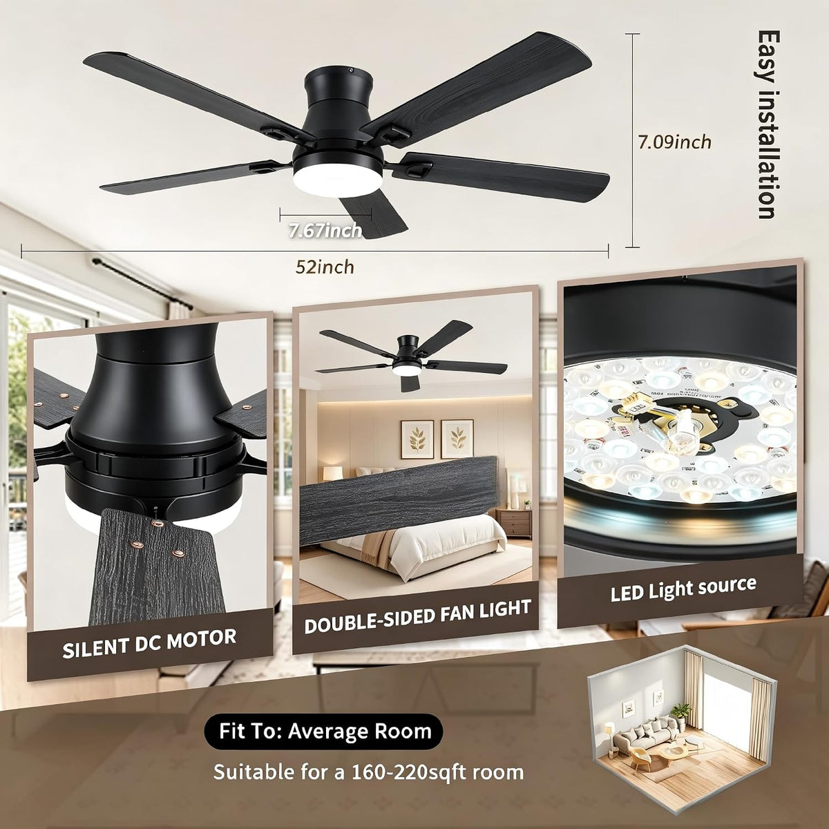 KNUN Ceiling Fans with Lights,52 Inch Low Profile Ceiling Fan with Light and ...