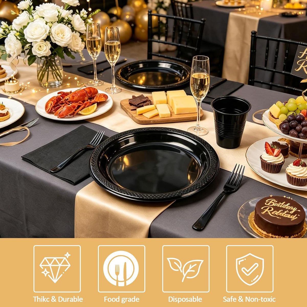 200pcs Black Plastic Party Plates Set, Disposable Black Plates and Napkins fo...