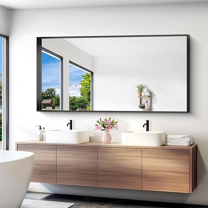 Black Bathroom Mirror, 72x36 Inch Rectangular Deep Frame Mirror, Large Wall - Image 2