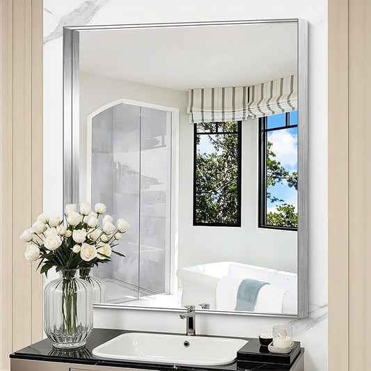CIRCUMI Silver Bathroom Mirror, Brushed Finish, Tempered Glass, Mirror by CIRCUMIMirror