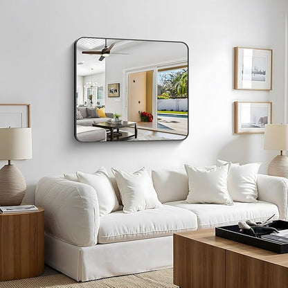 Bathroom Mirror, 36 x 30 inch Metal Framed Black Rectangle Mirror, Rounded - Image 2