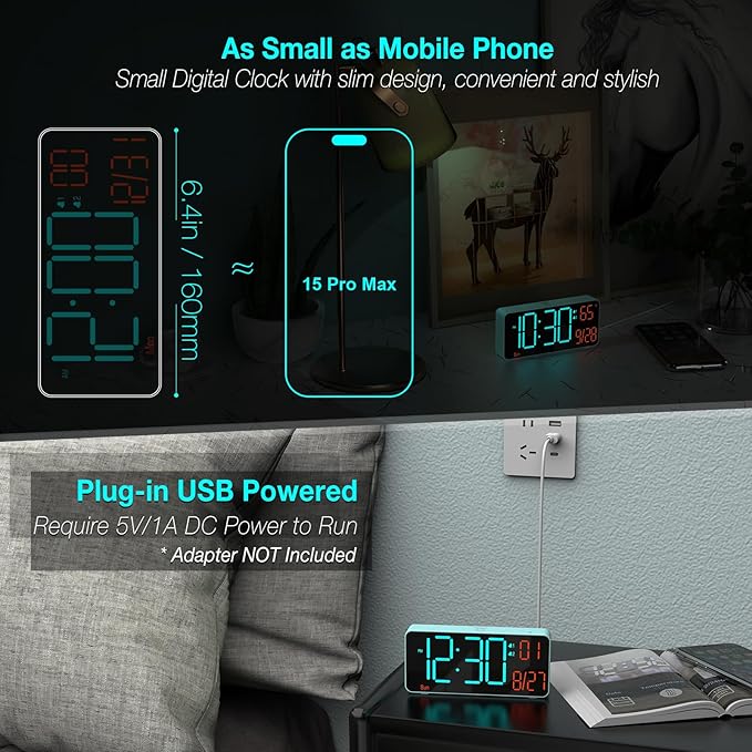 KOSUMOSU Alarm Clock for Bedroom, 6.7in Small Digital Clock, Auto Dimming - Image 3