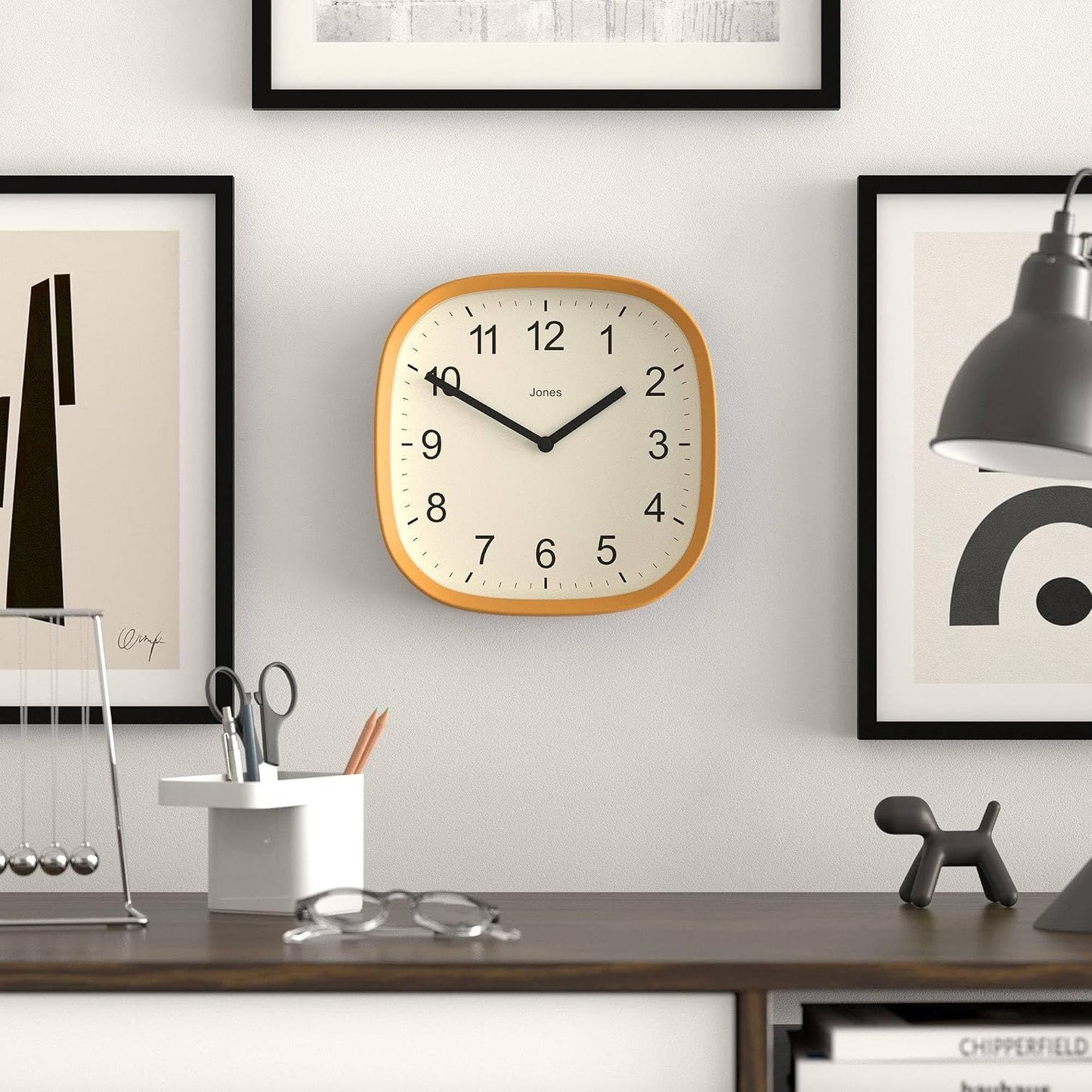 JONES CLOCKS® Sprite wall Clock | Modern Retro Rounded Square Clock | 10" | Mustard Yellow | Easy to Read Numbers | Perfect for Kitchen or Office